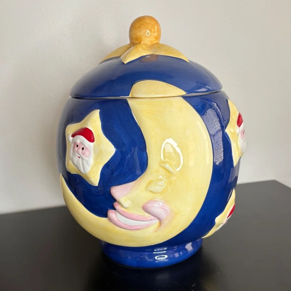 Round Santa Moon Star Blue Ceramic Cookie Jar Whimsical Christmas‎ Holidays